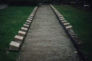 soldier cemetery of world war one in Latvia. Brother`s graveplace in two lines and pathway between them. 