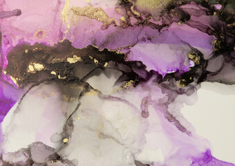 Art Abstract watercolor painting blots background. Alcohol ink violet, black and gold colors. Marble texture.