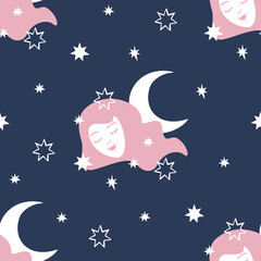 Vector seamless pattern with face of sleeping woman among the stars and crescent. Vector design for sleepwear or wallpaper.