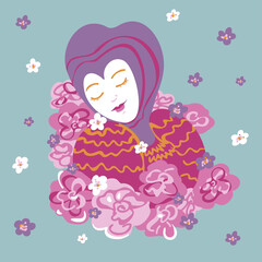 Vector illustration of pretty woman in fantasy clothes. Portrait of lady on a blue background with flowers.