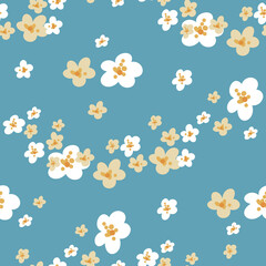 Vector seamless pattern with white and yellow small flowers. Ditsy pattern.