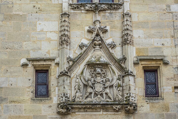 35 meters Bordeaux Cailhau gate (Porte Cailhau, 1494) - medieval gate at Place du Palais. Gate built in Gothic Style and celebrates victory at Fornovo. Bordeaux, Gironde, Aquitaine, France.
