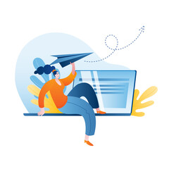 The girl sends a message from her laptop. Vector illustration on the topic of online messaging.