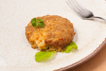 chicken cutlet with cheese on a light plate. close up