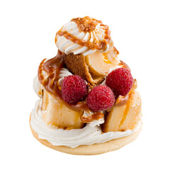 Isolated caramel dessert with cream and berries on the white background