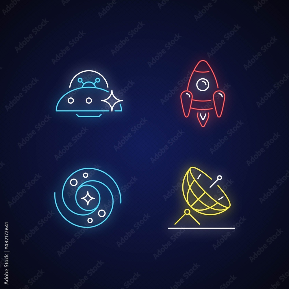 Poster astronautic neon light icons set. antenna designed to receive information by radio waves. system of 