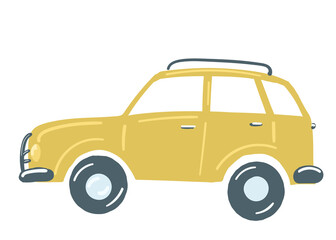 Fototapeta premium yellow SUV passenger car. insulated car with roof rack. hand drawn cartoon style, vector illustration