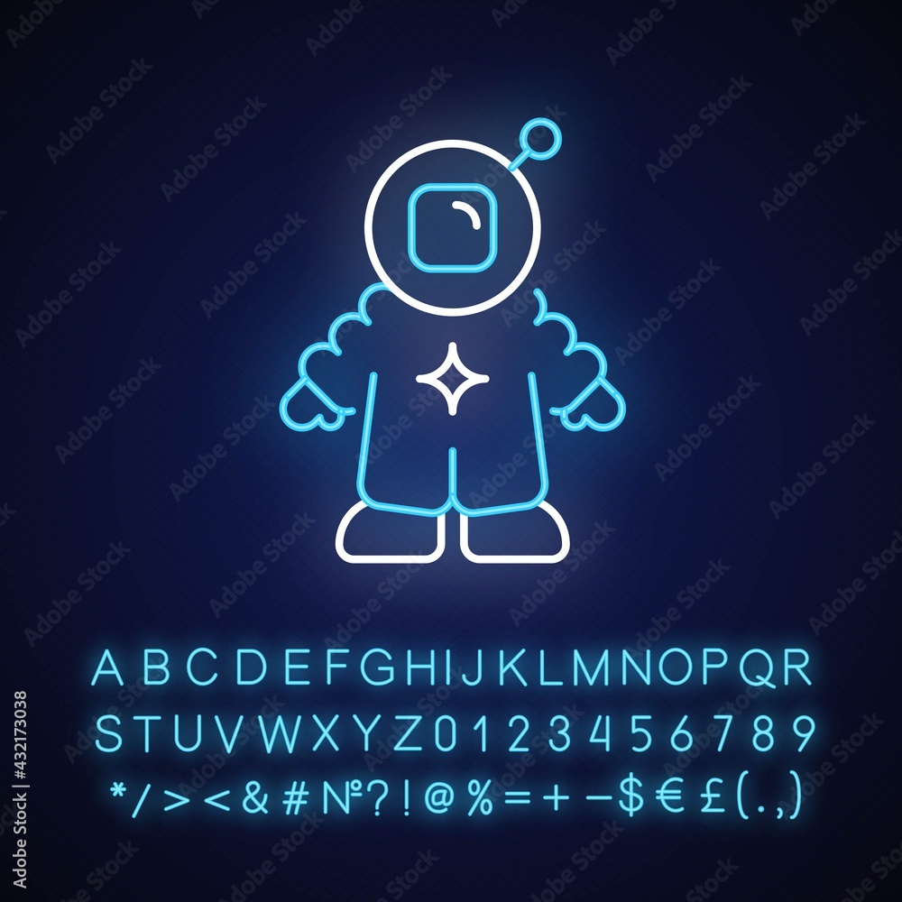 Poster astronaut neon light icon. person trained and deployed. crew member on board of spacecraft. outer gl