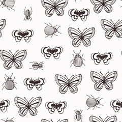 Bugs and butterflies seamless pattern. Linear graphic. Minimalist style. 