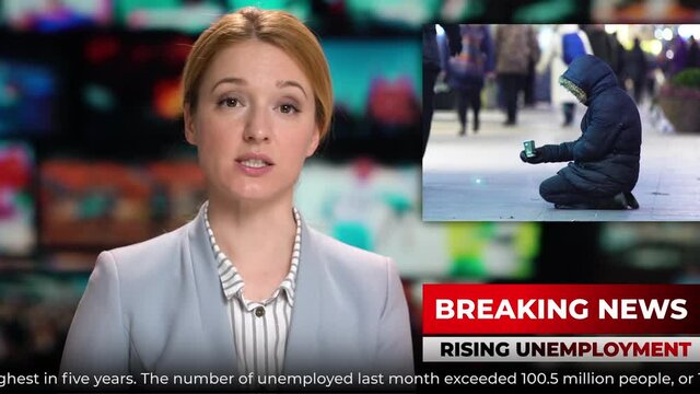 TV news female anchor presenter talking breaking news about rising unemployment
