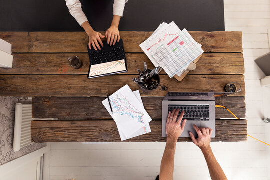 High angle view of people working at home