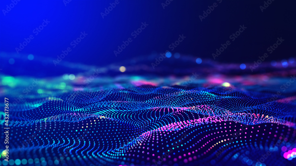 Aufkleber Cyber big data flow. Blockchain data fields. Network line connect stream. Concept of AI technology, digital communication, science research, 3D illustration music waves