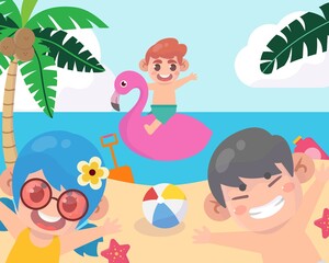 Summer camp background with kids at beach
