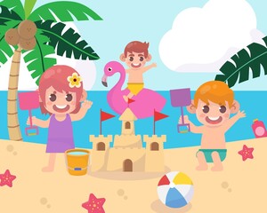 Obraz na płótnie Canvas Summer camp background with kids at beach 
