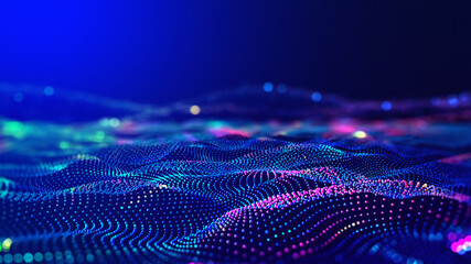 Fototapeta Cyber big data flow. Blockchain data fields. Network line connect stream. Concept of AI technology, digital communication, science research, 3D illustration music waves obraz