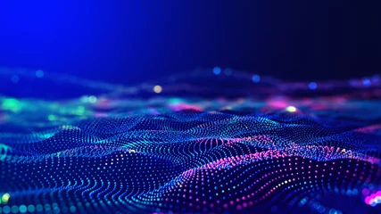 Gordijnen Cyber big data flow. Blockchain data fields. Network line connect stream. Concept of AI technology, digital communication, science research, 3D illustration music waves © Siarhei
