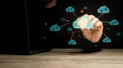 Businessman connecting internet with cloud technology.Businessman holding Unlock master key.access...