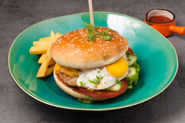 Burger with chicken cutlet and egg. With tomato sauce and French fries