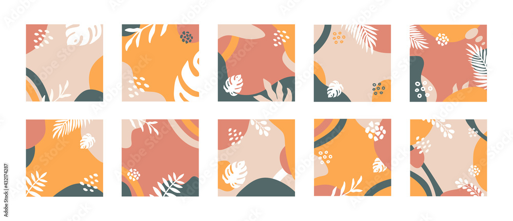 Aufkleber Summer set backgrounds template with copy space for text. Modern vector design with colorful organic shapes and tropical leaves  for social media story, post, web design, banners	