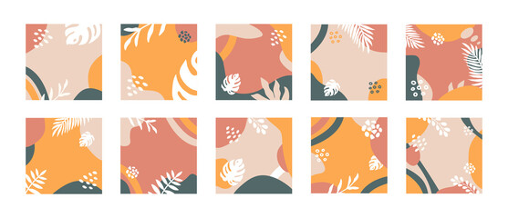 Summer set backgrounds template with copy space for text. Modern vector design with colorful organic shapes and tropical leaves  for social media story, post, web design, banners	