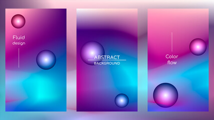 Abstract holographic poster, gradient mesh and pearlescent spheres. Iridescent design set template for award, brochure, certificate, banner, wallpaper, presentation, web, ui. Trendy vector background.