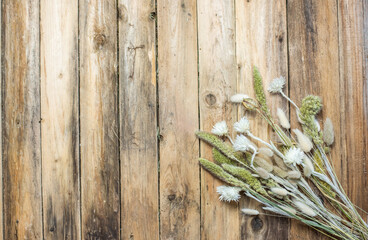 Dekoration mit Trockenblumen auf hölzernen Untergrund, getrocknete Gräser und Blumen