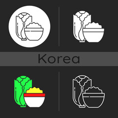 Kimchi dark theme icon. Traditional side dish with cabbage and radish. Asian cuisine. Lunch with veggies. Korean culture. Linear white, simple glyph and RGB color styles. Isolated vector illustrations