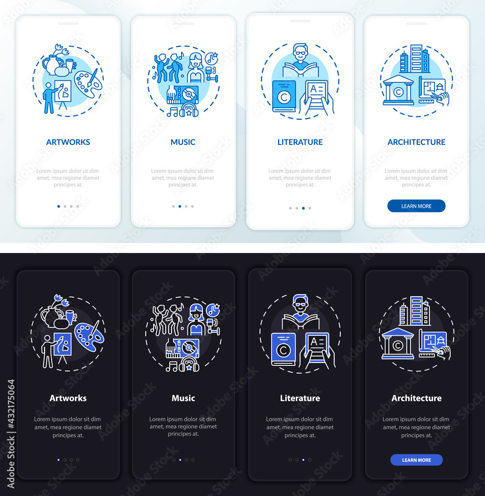 Poster copyright items onboarding mobile app page screen with concepts. architecture, music walkthrough 4 s