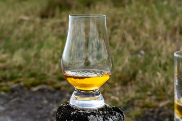 Tasting of dram single malt scotch whisky on seashore in Scotland, old wooden pole with whisky glass