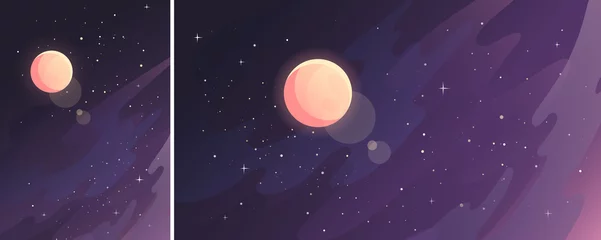 Fototapete Rund Aubergine Mond im Sternenhimmel. Weltraumlandschaft in vertikaler und horizontaler Ausrichtung.  © Pakon