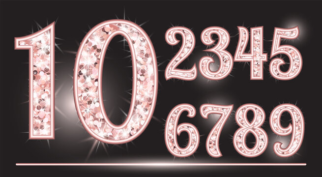 Realistic shining rose gold glitter numbers 1, 2, 3, 4, 5, 6, 7, 8, 9, 0. Set of isolated vector objects one, two, three, four, five, six, seven, eight, nine, zero for decoration, celebration design.