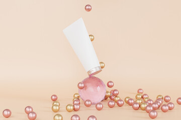 Mockup lotion tube for cosmetics products or advertising balancing on glass sphere, 3d illustration render