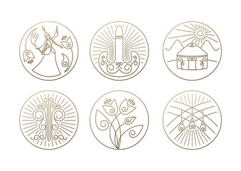 Simple set of Nauryz vector line icons. Contains such icons as yurt, tulips, tree, kazakh girl