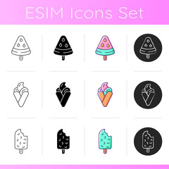 Ice cream varieties icons set. Watermelon on stick. Hong kong waffles. Summer dessert. Vanilla popsicle. Homemade treat. Linear, black and RGB color styles. Isolated vector illustrations