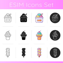 Ice cream variations icons set. Serving frozen treat. Soft serve. Swirled ice cream. Creamy dessert. Single-sized portion. Linear, black and RGB color styles. Isolated vector illustrations