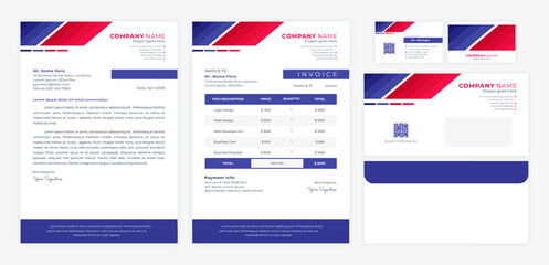 red blue corporate identity, including letterhead, invoice, envelop and business card