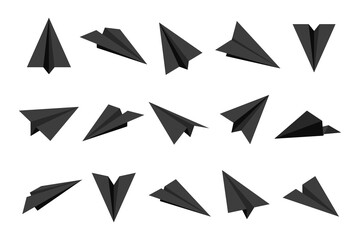 Realistic black handmade paper planes isolated on white background. Origami aircraft in flat style. Vector illustration.