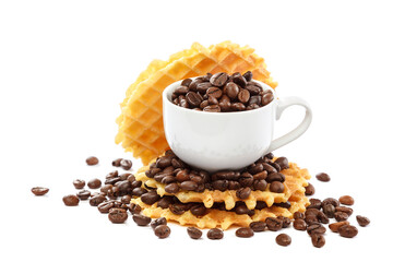 Waffle cookies and coffee grains on a white background