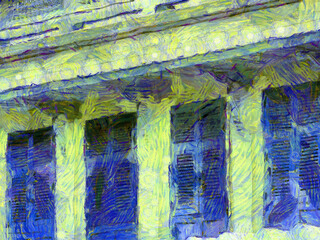 European architecture building with blue wooden windows Illustrations creates an impressionist style of painting.