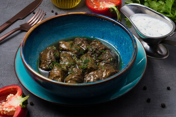 dolma with meat in grape leaf and kefir-based sauce