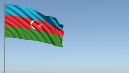 Flag of Azerbaijan waving in the wind against the background of the sky. Flag day. 3D rendering illustration. 4k. Place for your text.