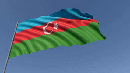 Flag of Azerbaijan waving in the wind against the background of the sky. Flag day. 3D rendering illustration. 4k. Place for your text.