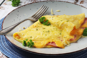 Omelette with ham and cheese on the plate