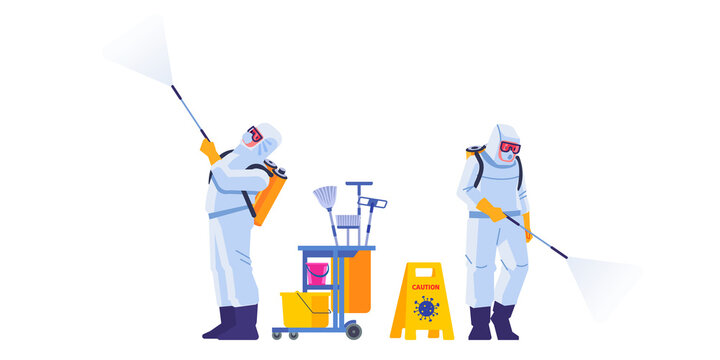 Disinfection by commercial disinfecting services, surface treatment from pandemic coronavirus. Disinfectant workers wear protective mask and suit sprays covid-19. Vector illustration