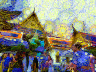 The grand palace, wat phra kaew bangkok thailand Illustrations creates an impressionist style of painting.