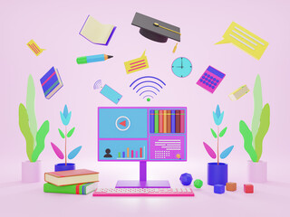 Concept for online education Online training courses specialization training exercises It can be used for web design, banners, promotional materials. Three dimensional rendering design Pink background