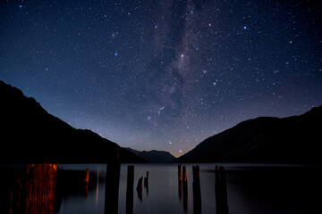 starry night with view of the milky way, lake and mountains