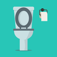 White ceramics toilet, toilet paper. toilet in flat style. illustration.