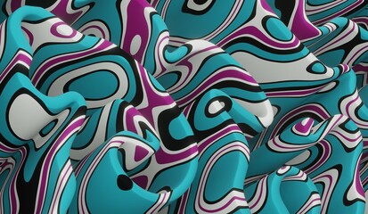 Background with the image of diagonal abstract geometric wavy folds with a wavy pattern in turquoise, black and white colors. 3d rendering.