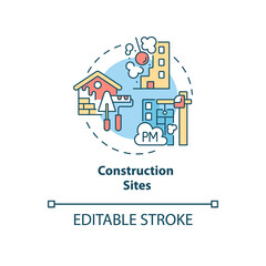 Construction sites concept icon. Outdoor air pollutant idea thin line illustration. Noise pollution. Air, water contamination. Soil erosion. Vector isolated outline RGB color drawing. Editable stroke